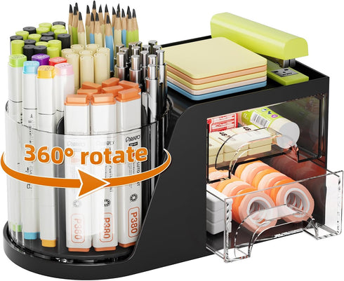 Marbrasse Desk Organizer with 2 Drawers, 360° Rotating Pen Holder, 6 Slots Pencil Organizer, Art Supply Storage (Black)