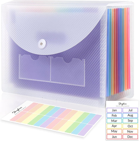 SKYDUE Portable Accordion File Organizer, 13 Pockets, Plastic Bill Receipt Organizer, Letter Size, Purple