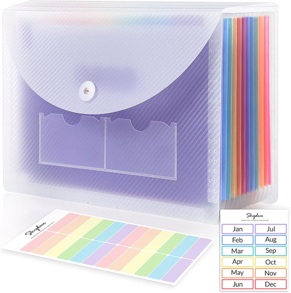 SKYDUE Portable Accordion File Organizer, 13 Pockets, Plastic Bill Receipt Organizer, Letter Size, Purple