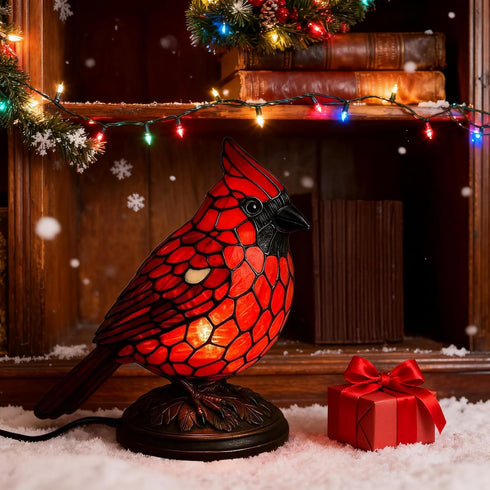 UDIYO (1) Cardinals Table Lamp Resin Red Bird Night Light for Bedside Living Room Christmas Decor Warm Glow Art Piece