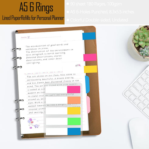 A5 6-Rings 90 8.3x5.5", Rancco Refill Line Paper, Colorful Binder Papers Refill, Filofax Notebook Inserts Refills