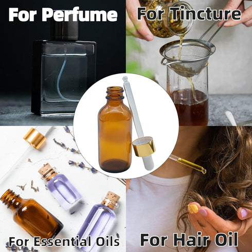 4 PACK 2 oz Dropper Bottle with Funnel, Labels & Long Pipette, 60 ml Amber Glass for Essential Oils