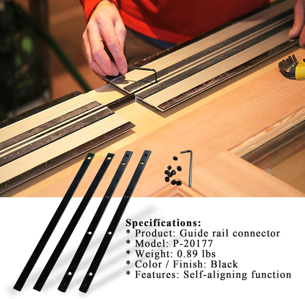 Guide Rail Connector Set P-20177 for Makita Track Saw Long Cuts Also Compatible with Festool, Fit for DeWalt in Integrated Guide Rail T-Slots for Secure Cutting, 4 PCS, Black