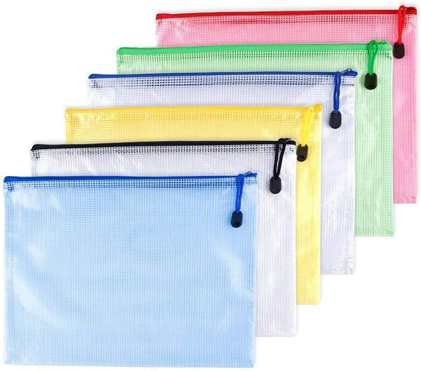 B4-Waterproof Tear-Resistant Plastic Document Folders, 6-Pcs, Multicolor Travel Zipper Pen File Bags