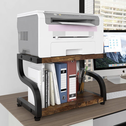 PUNCIA 2 Tiers Small Retro Wood Home Office Desktop Printer Stand, Laser Printer Copier Stand with Storage for Small