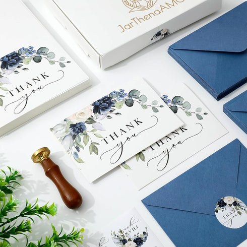 50 Pack 4 6 Inch JarThenaAMCS Floral Thank You Cards Bulk Blue Flower Greeting Cards with Envelopes Stickers Boxed