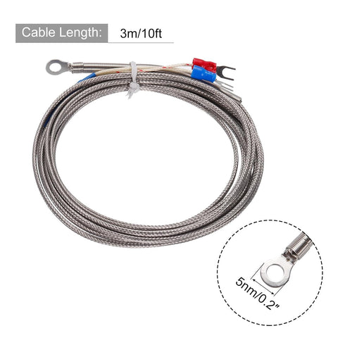 MECCANIXITY K Type Thermocouple Temperature Sensor PT100 5mm Ring High Temperature Probe 10ft Wire 0 to 600°C(32 to 1112°F) Stainless Steel