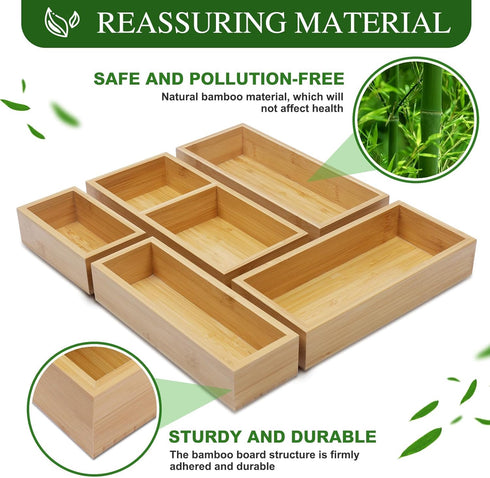 Bamboo Drawer Organizer Set, 5 PCS Multi-Use Individual Wood Storage Organizers for Kitchen, Bathroom, Office