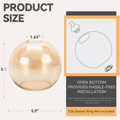 2 Pack 1.65 5.1 5.9 Amber Glass Shades Globes, Glass Lamp Shade Covers Replacements, in Fitter in Height in Diameter
