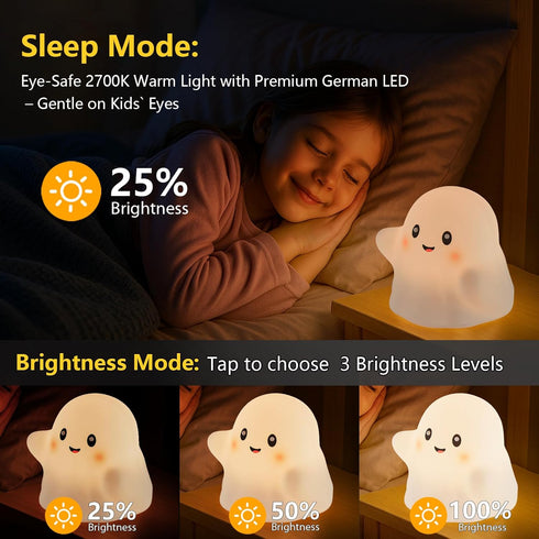 nextanG Dimmable Cute Ghost Night Light for Kids, Rechargeable Silicone Bedside Night Light with Tap Control, Nursery
