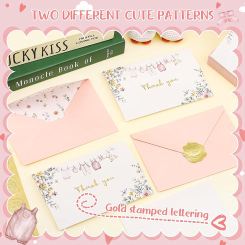 50 Pack Set Thboxes Pink Baby Shower Thank You Cards with Envelopes and Stickers for Girl, Thank You Notes