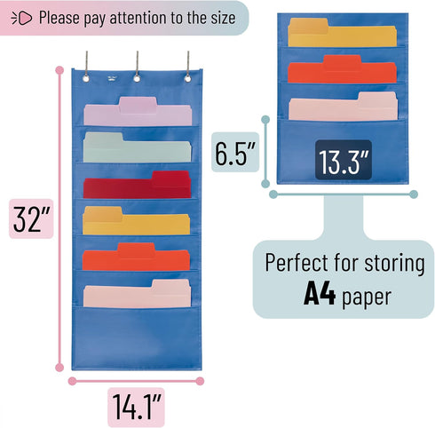 Mr. Pen Hanging Wall File Organizer, 6 Pocket Blue with 3 Overdoor Hangers