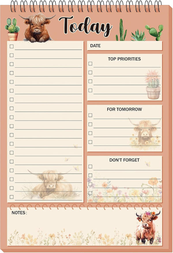Gueevin Highland Cow To Do List Notepad, 8.7 x 6 Inch Big Note Pads, 50 Sheets Spiral Work Planner Reminder, Brown