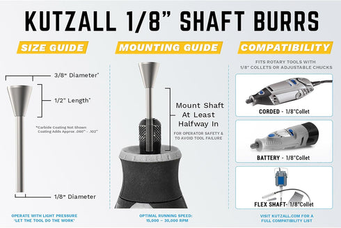 Kutzall Extreme Dove Tail Burr - 1/8" Shaft, Very Coarse Woodworking Attachment for Dremel, Foredom