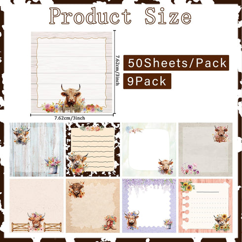 Lovarywow Highland Cow Sticky Notes Set, 9 Pack, Cute Animals 3"X3" Memo Pad, 450 Sheets for Office