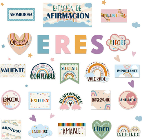 Boho Affirmation Station Spanish Bulletin Board Set, Rainbow Motivational Classroom Decorations for Teachers