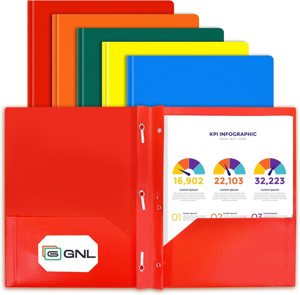 GNL Plastic Folders with Pockets and Prong, Pack of 5, Colored Heavy Duty 2 Pocket File Folders, Letter Size