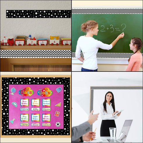 Black and White Chevron Bulletin Board Borders, Double-Sided Star Straight Border Trim for Classroom Decoration (36ft)