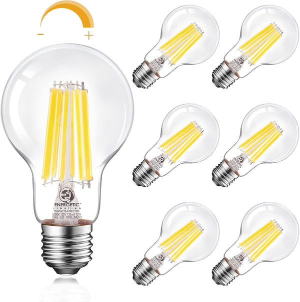 Energetic Dimmable A19 LED Edison Light Bulb, 12W Equivalent 100W, 1600LM High Brightness, 5000K Daylight, 6-Pack