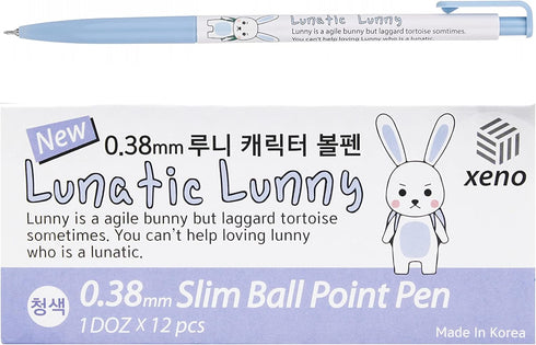 Xeno Lunatic Lunny 0.38mm Slim Ball Point Pen Dozen Box 12 Pcs, Made in Korea (Blue 12pcs) by ZEESOON