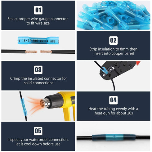 Heat Shrink Butt Wire Connectors, 100Pcs 16-14 AWG Blue Insulated Waterproof Electrical Wire Crimp Terminals
