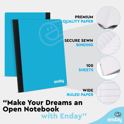 Enday Composition Notebooks, Wide Ruled Paper, 100 Sheets, Hard Cover, Multicolor (6 Pack)