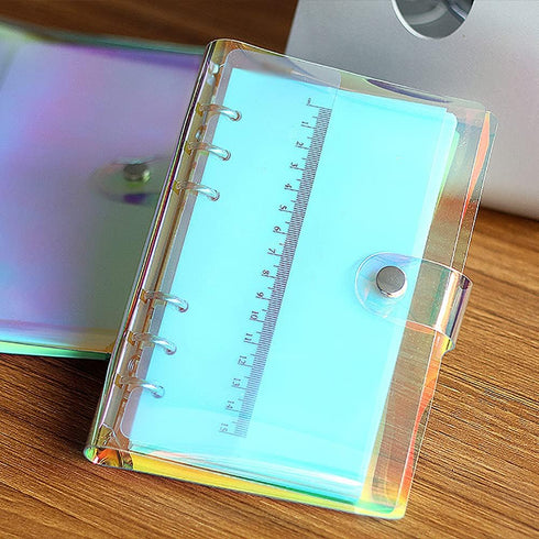 2 Pcs Clear Rainbow 6-Ring PVC Binder Cover Holographic Notebook Protector Shell with Button Closure Loose Leaf Folder Round Ring A5 by ccHuDE