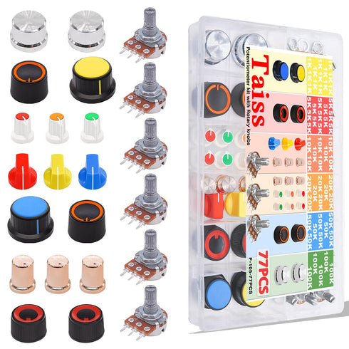 Taiss 77PCS Potentiometer Kit with Rotary Knobs, WH148 1K-100K Ohm Assortment for Variable Resistor