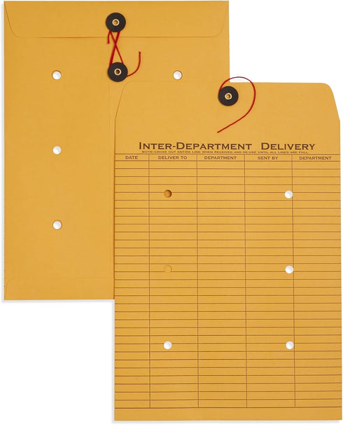 Blue Summit Inter-Department Envelopes - String Tie, Brown Kraft, 9 x 12 Inches, Pack of 100 Envelopes