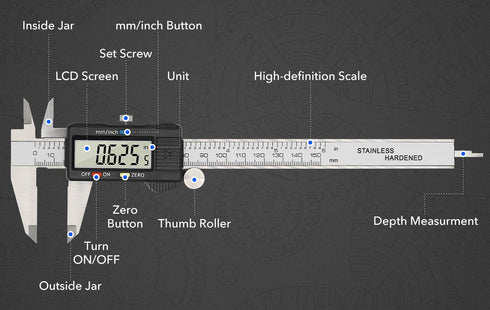 Digital Caliper Precise Measuring Tool, Vizbrite 6 inch Stainless Steel Electronic Vernier Calipers