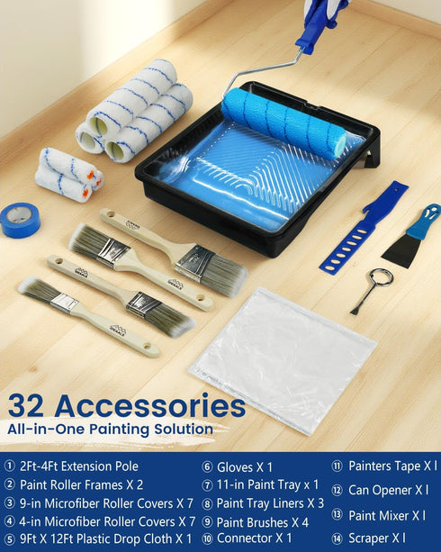 32PCS 2 4 4 inch 9 inch Paint Roller Kit with Extension Pole - to FT Pole, Paint Rollers, Paint Brushes for Walls