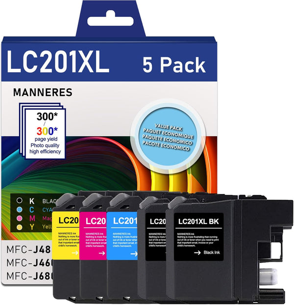 LC201 Ink Cartridges (2 Black, Cyan, Magenta, Yellow) - 5-Pack Compatible for Brother LC201XL