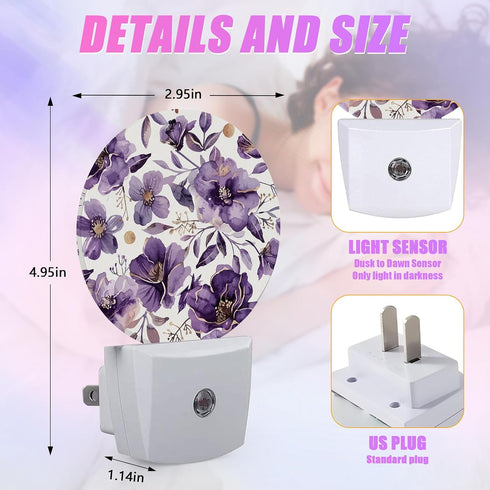 GANTINIR Purple Flower Night Light Watercolor Floral Night Lights LED Lamp Round Plug into Wall Nightlight with Dusk