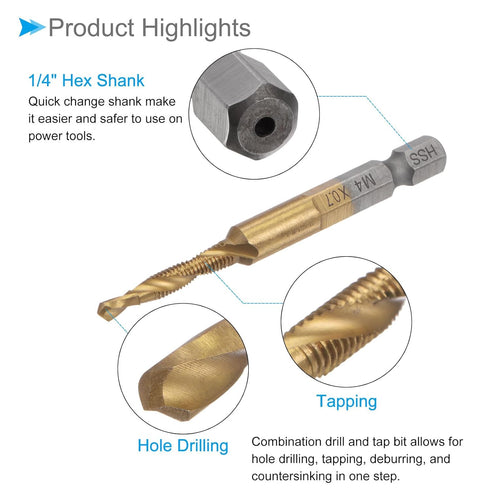 Combination Drill and Tap Bit, M4 x 0.7 Thread Size, Titanium Coated High Speed Steel Long Tools for Aluminum