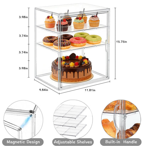 CAMBIODV Countertop,4 Muffins,Donut,15.75x11.81x9.84inch Pastry Display Case,Large Bread Box,Bakery Cookie Display