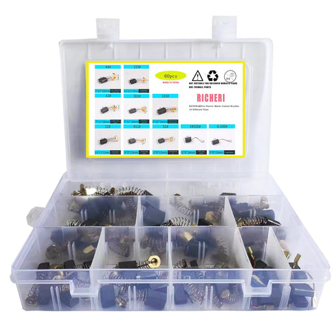 RICHERI 60 Pcs Electric Motor Carbon Brushes, 10 Different Sizes for Power Tool Replacement Repair