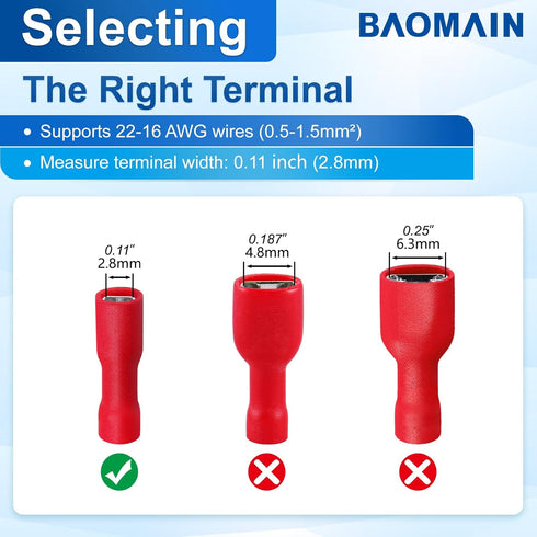 Baomain 100-Pack 0.11" Female Quick Disconnect Spade Terminals - 22-16 AWG 2.8mm, Fully Insulated Crimp Connectors