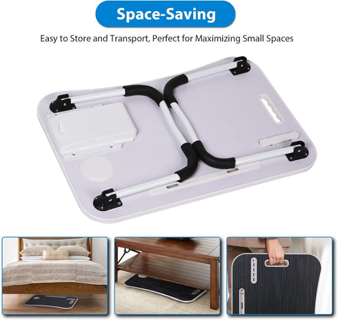 4 Portable Bed Desk, Foldable Laptop Desk with USB Charge Port/Cup Holder/Tablet Slot/Storage Drawer, Folding Lap Table