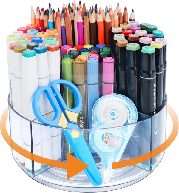 Pencil Holder for Desk - 360-Degree Rotating Pen Marker Crayon Organizer, Spinning Acrylic Storage, 5 Slots Large
