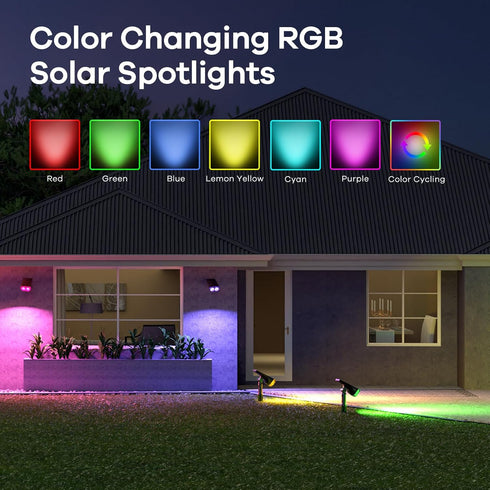 7 IP67, 2 Pack Consciot Solar Color Changing Outdoor Spotlights, Lighting Modes Outside Solar Lights Waterproof