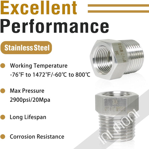 Stainless Steel Reducer Hex Bushing, 3/8 Male to 1/4 Female NPT Thread Reducing Adapter (Pack of 2)