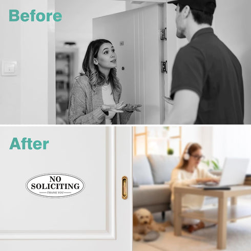 Self-adhesive No Soliciting Sign for House Door, 7" x 3" Metal Signs, Durable UV, Easy Mounting, Oval Design, 2 Pack