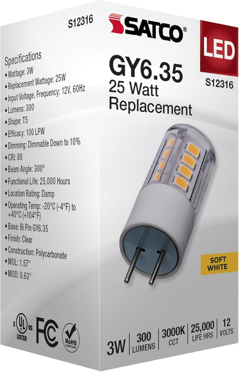 S12316 T5 GY6.35 12V 3000K, SATCO LED Bi-Pin Base Lamp, Low Voltage Halogen Replacement, Clear