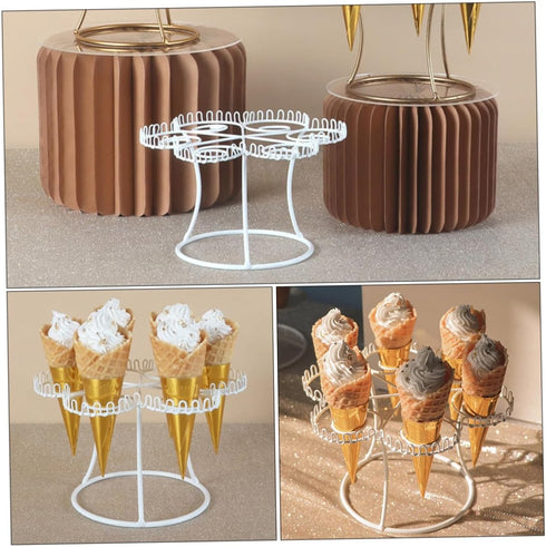 6-Slot Metal Ice Cream Cone Holder Rack for Desserts - Display Stand in White