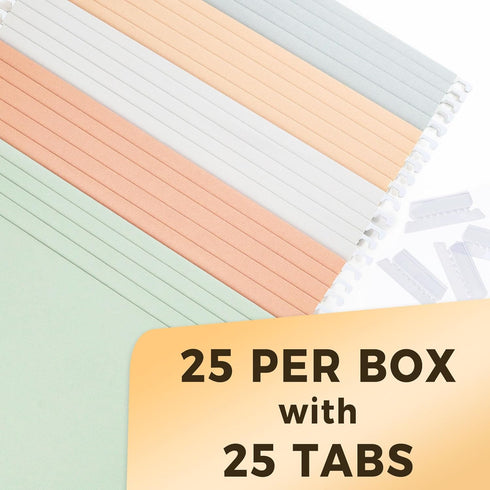 SUNEE Hanging File Folders, Letter Size, Pastel Colors, 25 Count with 1/5-cut Tabs, Heavy Duty Expansion