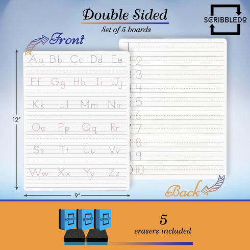 Dry Erase Handwriting Practice White Boards (5 Boards & Erasers) by Scribbledo