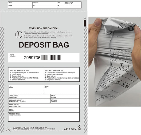 Plastic Deposit Bags 30-Pack, 9.5''x 15'' Opaque Security Bags for Cash Register, Tamper-Evident with Barcode