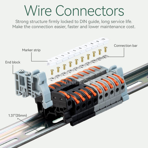 DIN Rail Terminal Blocks Kit, 20pcs Universal Compact Wire Connectors with 2 Connection Bars and 20 Screws for 24-12 AWG