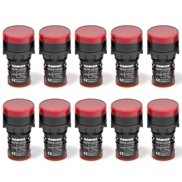 GASHER 12V 20mA Energy Saving Indicator Light, Red, 10 Pcs, Mounting Hole Size 22mm (7/8 Inch)