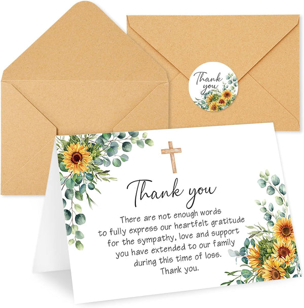 Whaline 50 Pcs Funeral Thank You Card Sunflower Eucalyptus Sympathy Thank You